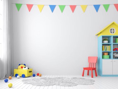 Oyun odası 3d render beyaz duvarlar ve renkli mobilyalar ile dekore edilmiş zeminler vardır. Duvarlar renkli üçgen bayraklar ile dekore edilmiş, doğal ışık odaya parlar.