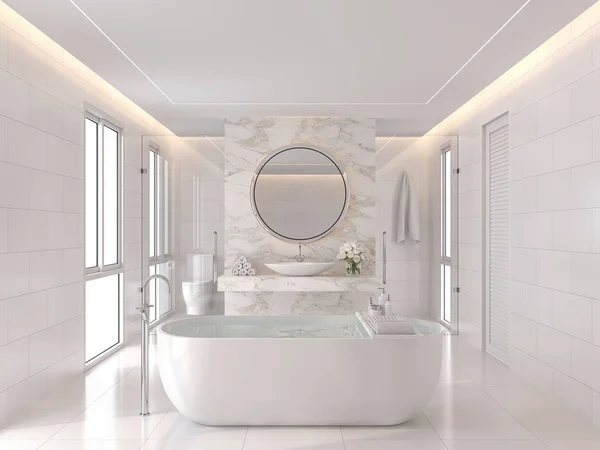 Lujoso Baño Blanco Estilo Moderno Render Habitación Tiene Azulejos Blancos —  Fotos de Stock