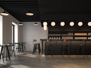 Kahve dükkanı tarzı endüstriyel loft beton zeminler, beyaz tuğla duvarlar, siyah tavanlar, ahşap sayaç bar siyah metal örgü ile dekore vardır. güzel lamba ile süsleyin,3d render