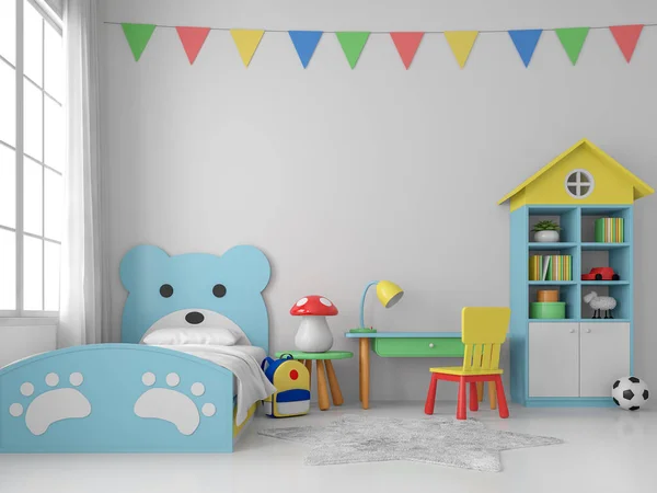 Colorful kid bedroom 3d render, white walls and floors, decorated with blue bear beds and multi colorl furniture,decorate wall with tringle flag, large windows that allow natural light into the room.