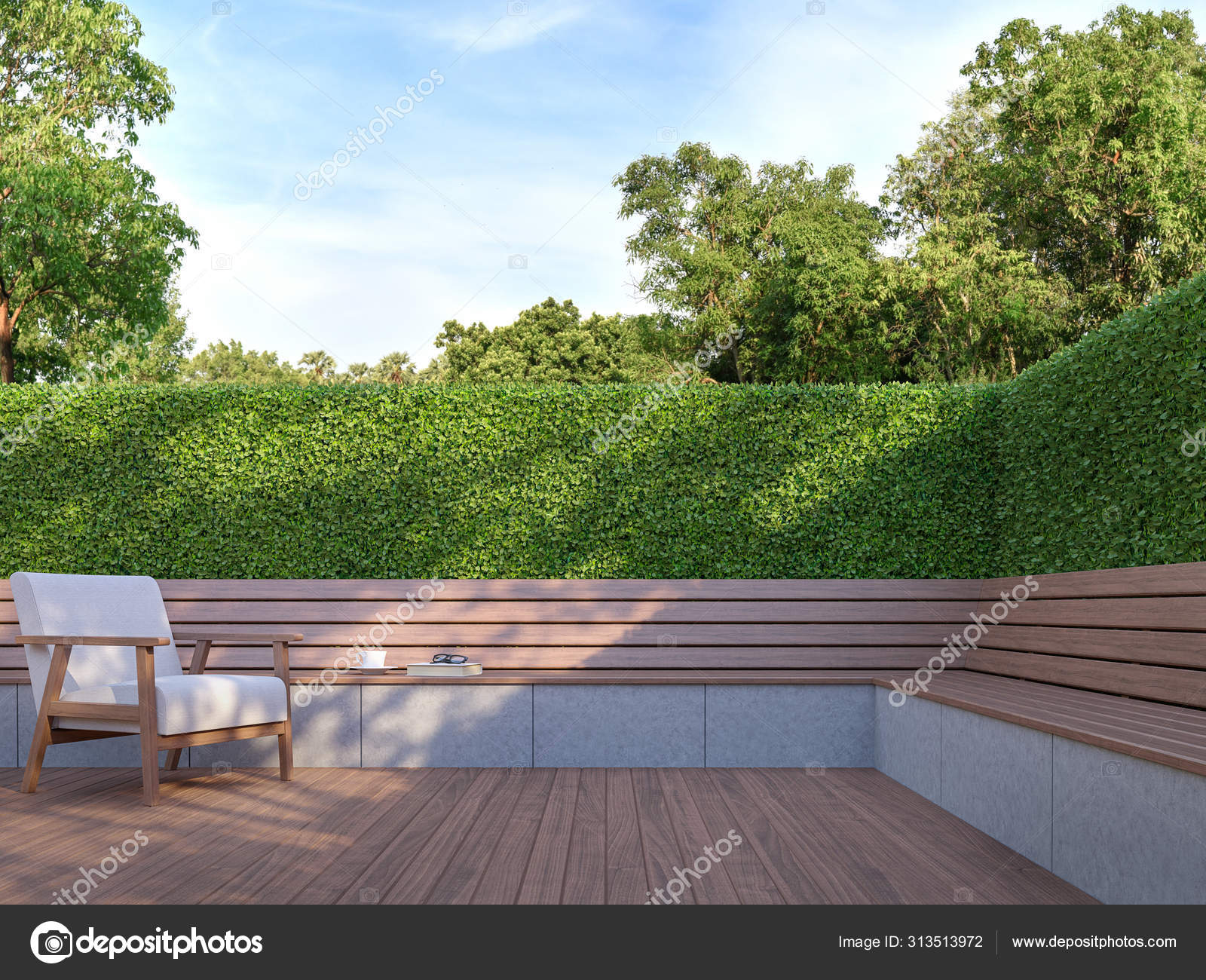 Wooden Bench Garden Render Wooden Floor Terrace Green Bush Fence