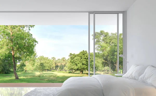 Minimal Style Bedroom Nature View Render Pure White Room Decorate — стоковое фото