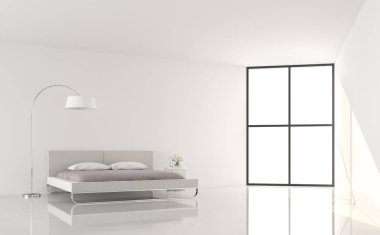 Modern white bedroom minimal style 3d render,There are white floor and wall.Furnished with light gray fabric bed set.There are large window sunlight shining into the room. clipart