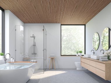 Modern çağdaş banyo 3D. Beton döşeme, beyaz duvar ve tahta tavan var. Doğanın manzarasını görmek için dışarı bakan büyük pencereler var..