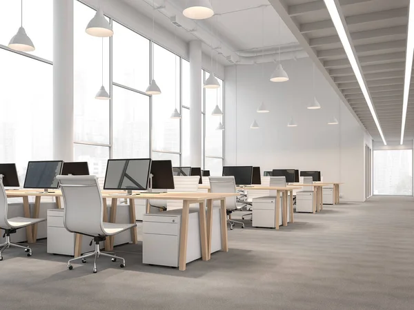 Modern style high ceiling office interior with city view 3d render.There are white wall,gray carpet floor ,decorate with wooden table.There are large windows looking out to see scenery outside.
