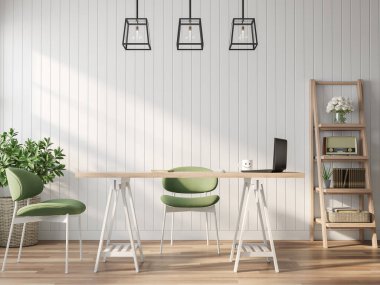 Vintage style working room 3d render.There are a white plank wall,wooden floor,Decorate room with wood table and green fabric chair with sunlight shining into the room clipart