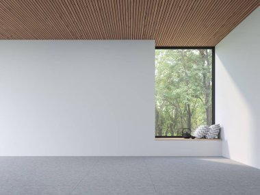 Minyatür çağdaş tarz boş oda 3D döşeme, beyaz duvar, beton döşeme döşeme ve ahşap tahta tavan, ahşap koltuklu geniş pencere doğayı görmek için dışarı bak..