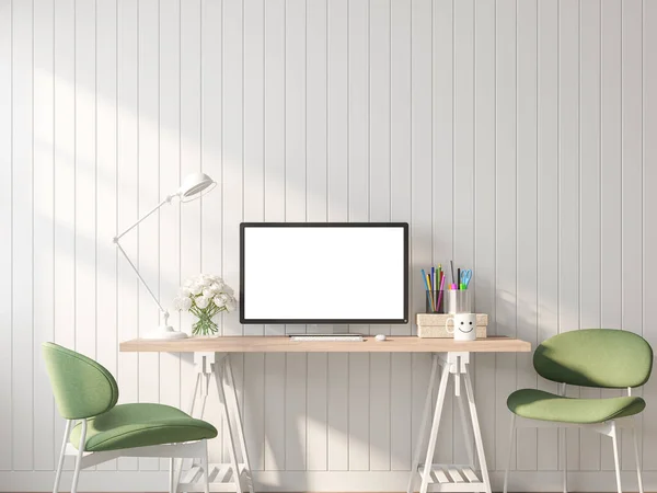 Vintage Style Working Table Blank Computer Screen Render White Plank — Stock Photo, Image