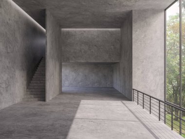 İnşaat odasının altında, doğa manzaralı 3D çerçeveli, cilalı beton zemin ve duvarlar var, doğayı görmek için büyük pencereler var, güneş ışığı odaya parlıyor..