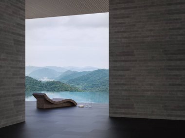 Dağ manzaralı asgari tavan arası yüzme havuzu terası. 3 boyutlu, siyah fayans, beton duvar ve ahşap tavanı var. Rat havuzlu, doğa manzaralı..