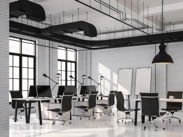 Modern loft style office with black ans white 3d render.There are white brick wall,white glossy floor ,the ceiling shows the ducts of the air conditioning system,decorate with black furniture.