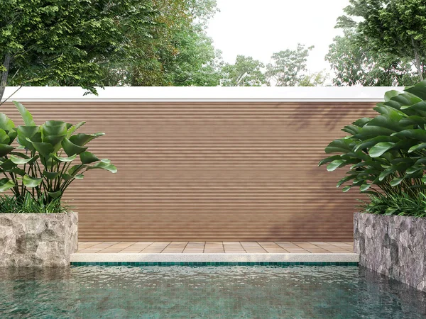 现代风格的游泳池露台3D渲染 有棕色的瓷砖地板 游泳池里有绿色的瓷砖 还有木制门框墙 周围环绕着自然 — 图库照片
