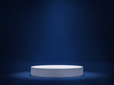 Koyu mavi zemin üzerinde beyaz silindir podyum yukarıdan parlayan bir ışık podyumu daha parlak, 3D renkler