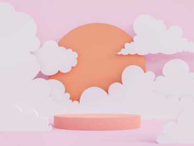 Çizgi film tarzı mercan pembe silindir podyumu alçak çokgen gökyüzü, güneş ve bulut arkaplan 3D