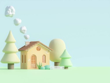Pastel renkli 3d renginde küçük bir çizgi film evi, düz mavi bir arka planı vardır. Alçak çokgen bitkiler ve çitlerle süslenmiş, bacadan çıkan dumanlar..