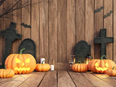 Halloween concept pumpkin on the old plank background 3d render,There are wooden floor decorate with gravestone,candle and lantern clipart