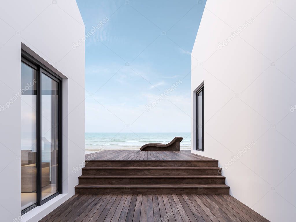 Minimal style wooden courtyard between white building with sea view 3d render,There has dark wooden floors,decorated with rattan furniture , overlooking the sea and beach.