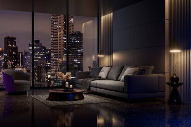 Gece sahnesi, şehir manzaralı modern tarz siyah oturma odası, siyah terrazzo zemin dekore edilmiş, gizli ışıkla döşenmiş, siyah kumaş kanepeyle döşenmiş.