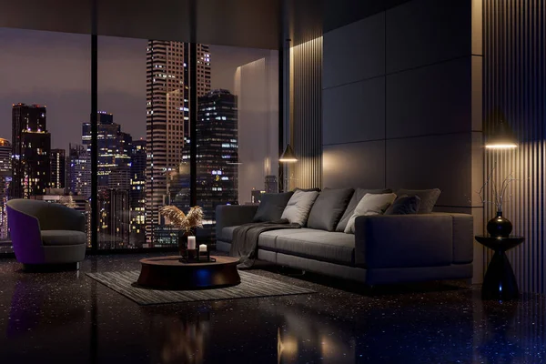Gece sahnesi, şehir manzaralı modern tarz siyah oturma odası, siyah terrazzo zemin dekore edilmiş, gizli ışıkla döşenmiş, siyah kumaş kanepeyle döşenmiş.