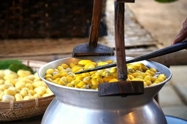 Tencerede kaynamış ipek böceği kozaları iplik üretmek için liflere ayrılır..