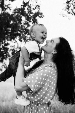 Mutlu, genç bir anne oğlunu elinde tutuyor ve yaz günü çayırda oynarken eğleniyor. 