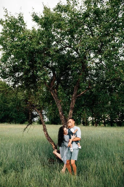 Счастливые Молодые Родители Сыном Обнимаются Стоя Возле Дерева Лугу Летний — стоковое фото