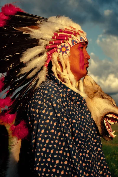 Indianer Bei Sonnenuntergang Der Steppe — Stockfoto