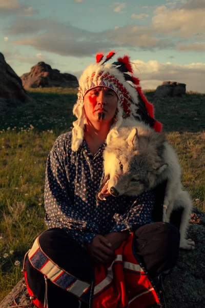 Native American Man Sunset Outdoor Steppe — Stock Photo, Image