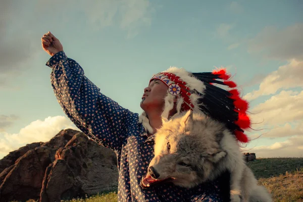 Bozkırda gün batımında Amerikan yerlisi.