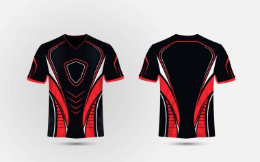 Siyah, kırmızı ve beyaz düzeni e spor t-shirt tasarım şablonu