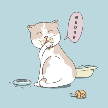 Şirin kedi yalamak onun pençe. Elle çizilmiş stili