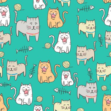 Seamless modeli el ile şirin kedi karikatür tarzı çizilmiş