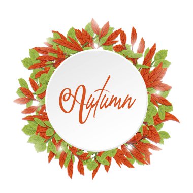 Kırmızı ve yeşil beyaz bir daire alanı ile sonbahar yaprakları. Serbest çizim stili