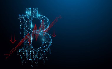 Bitcoin şeklinde çizgiler düşüyor; üçgenler ve parçacık tarzı tasarım. İllüstrasyon vektör