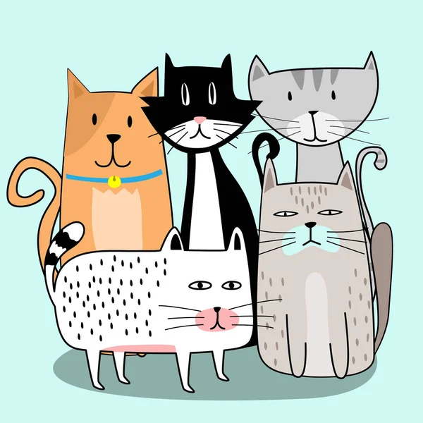 Cute Cat Gang Rukou Nakreslené Karikatuře — Stockový vektor