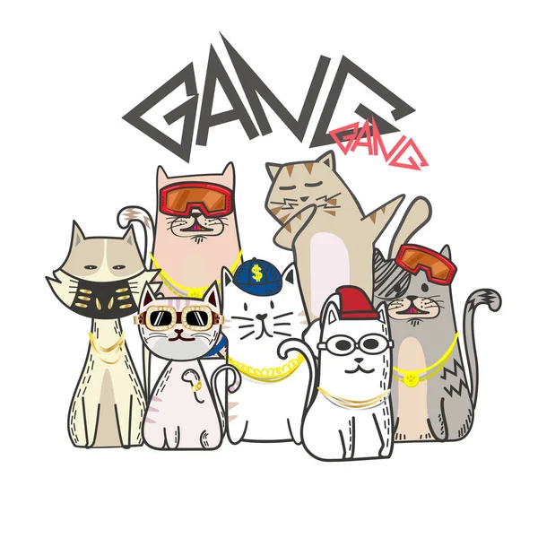 Cute Cat Gang Rukou Nakreslené Karikatuře Hip Hop Styl — Stockový vektor