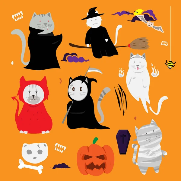 Cute Cat Hand Getekende Cartoon Halloween Thema — Stockvector
