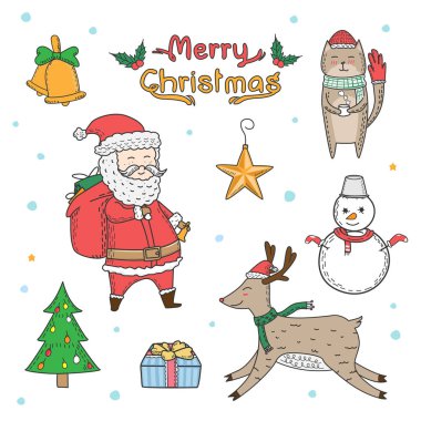 Noel öğeleri serbest çizilmiş karikatür. Doodle stili