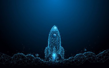 Roket fırlatma. İş başlangıç konsept şeklinde çizgiler, üçgenler ve parçacık tarzı tasarım. İllüstrasyon vektör