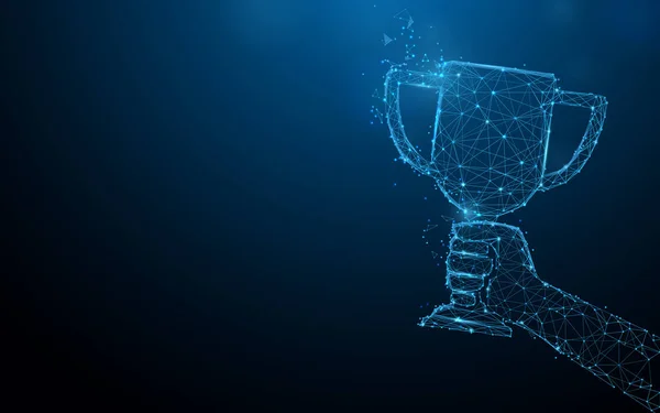 Trophy Kupası tophy şeklinde çizgiler, üçgenler ve parçacık tarzı tasarım tutan el. İllüstrasyon vektör