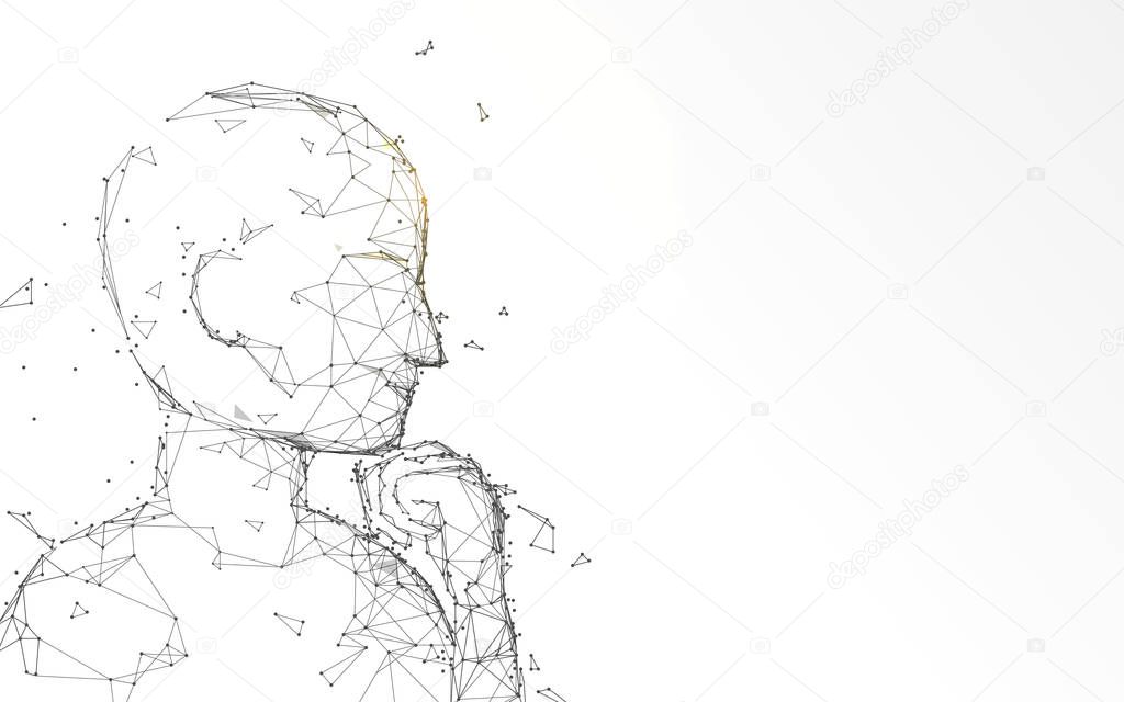 Thinking man looks up form lines, triangles and particle style design. Illustration vector