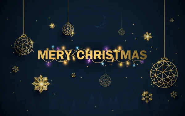 Frohe Weihnachten Frohes Neues Jahr Luxus Gold Weihnachtskugeln Mit Schneeflocken — Stockvektor