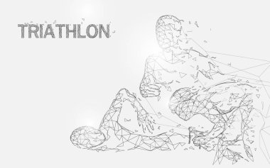 Yüzme, Bisiklet ve triatlon oyun şeklinde çizgiler, üçgenler ve parçacık tarzı tasarım çalışan. İllüstrasyon vektör