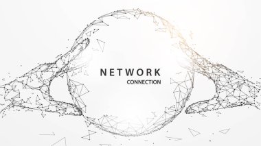 Dijital küresel şeklinde çizgiler dokunmadan eller, üçgenler ve parçacık stil tasarlayın. İllüstrasyon vektör