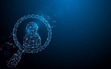 İnsan şeklinde çizgiler, üçgenler ve parçacık tarzı tasarım olan Büyüteç. İllüstrasyon vektör