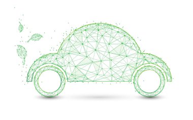 Çevre dostu araba ve yaprakları form hatları ve üçgenler, nokta ağ arka plan bağlayan. Ekoloji konsepti
