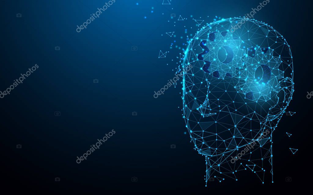 Human head with gears from lines, triangles and particle style design. Illustration vector