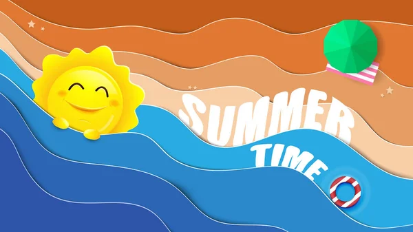 夏季，大阳光和蓝色海洋与海滩背景。插图矢量 — 图库矢量图片