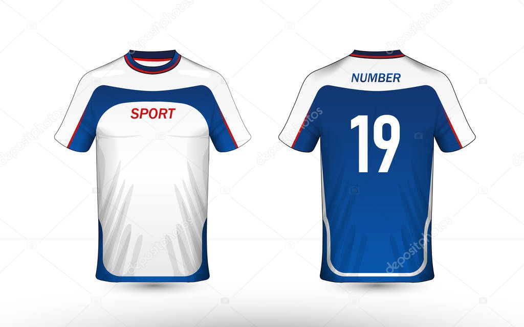 Blue, red and white layout e-sport t-shirt design template