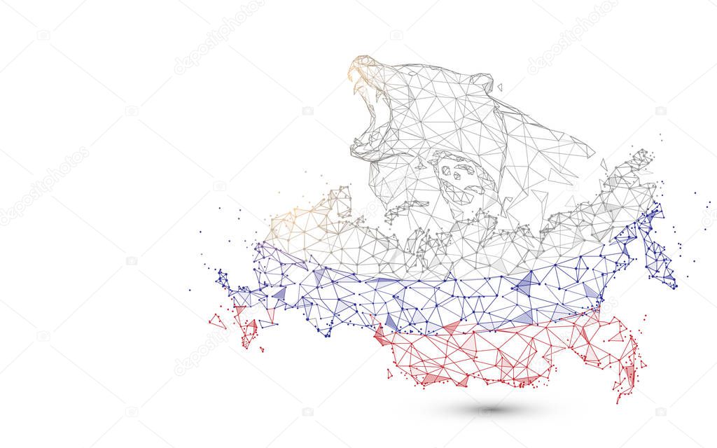 Russia map with bear from lines, triangles and particle style design. Illustration vector